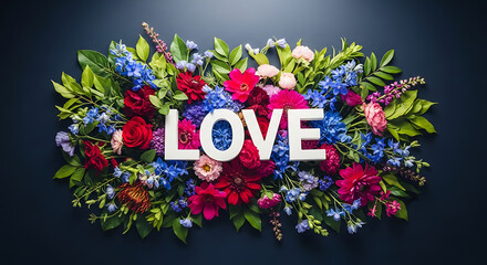 A vibrant floral arrangement spells out the word love with white block letters, set against a dark backdrop, symbolizing affection and romance