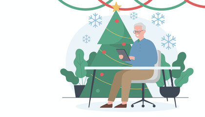 Senior man using a digital tablet at his desk working or connecting during the Christmas holiday season