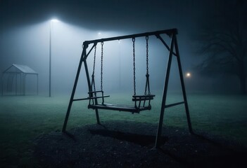 Lonely Swing in Foggy Park at Night with Street Lights Glowing
