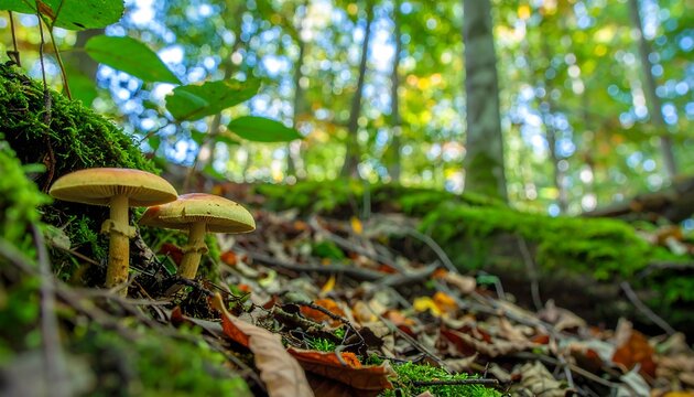 Two mushrooms in a mossy forest floor - Powered by Adobe