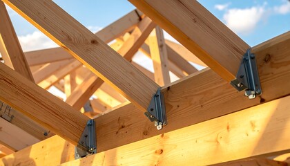 Close-up of a wooden roof frame with supporting metal brackets