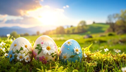 Decorated Easter eggs in field with daisies, sunlight and blurred mountains