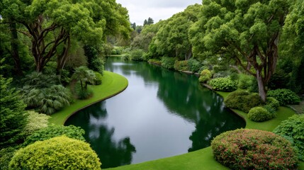 Lush green garden pond reflecting clear summer sky