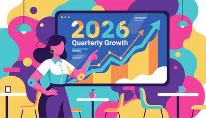 Obraz premium Professional woman showing 2026 Quarterly Growth chart financial success presentation