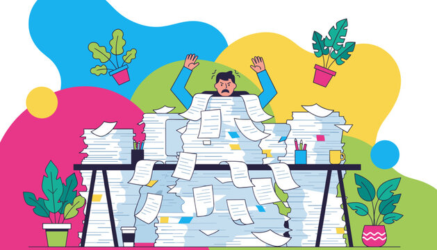 Overwhelmed office worker buried under massive stacks of paperwork Business workload and stress concept