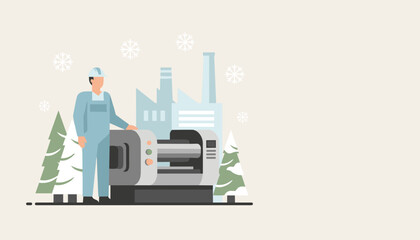 Worker illustration in front of factory machine and pine trees during winter snow