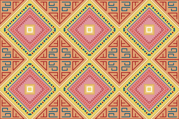 Thai geometric diamond pattern in pink, yellow, and blue tones. Inspired by traditional Thai weaving motifs with a modern twist, ideal for textiles, fashion prints, cultural branding, and decorative d