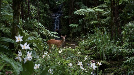 Obraz premium Spotted deer standing in a lush green forest with a small waterfall in the background looking at the camera