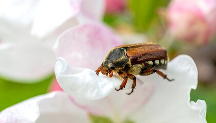 Close-up of a brown beetle on a pink-and-white flower petal