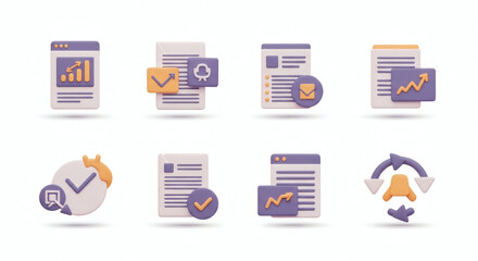 Dynamic 3D Business Icons for Digital Transformation Analytics, Document Management, and Workflow Optimization