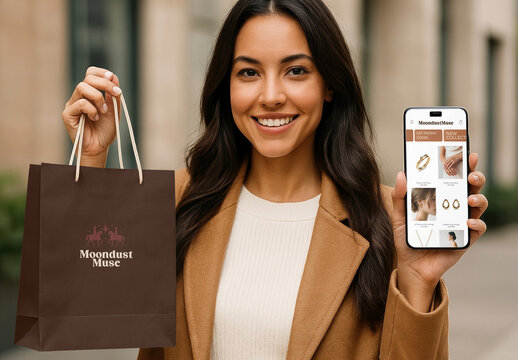 Woman Holding Phone And Shopping Bag Mockup Psd