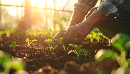 Farmer tending young plants in the soil, with sunlight in a greenhouse
