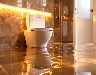 Flooded luxury bathroom with warm accent lighting