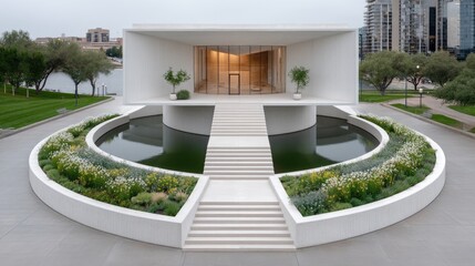 Modern minimalist white building structure with geometric lines at waterfront park surrounded by green grass trees and circular pool with yellow and white flowers in daylight