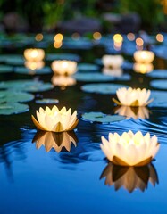 Floating yellow water lilies on a calm azure pond