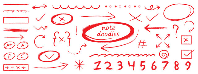 Hand drawn blue highlights, underlines and emphasis crayon elements. Doodle charcoal stroke emphasis, arrow, highlight, oval, chalked arrows, check marks. Marker, pen brush stroke. Vector
