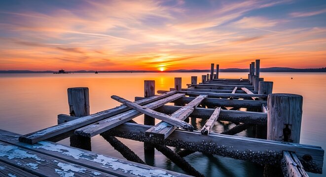 Dilapidated wooden pier at sunset casting long shadows over calm water with distant ship and buildings horizon