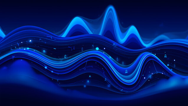 Abstract Blue Digital Sound Waveform with Glowing Particles and Symbols image photo - Powered by Adobe