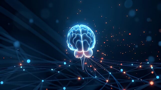 An abstract digital illustration of interconnected neural pathways glowing with electric impulses, symbolizing artificial intelligence, data transmission, and brain network activity, floating in a dee