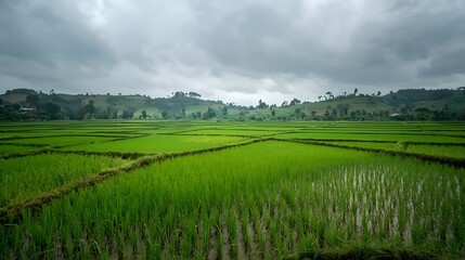 Rice Paddy Terraces and Distant Hill Under Overcast Monsoon Clouds. Beautiful Mountain View of Purulia on a Rainy Day.