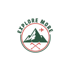 Obraz premium Explore more adventure logo with mountain, airplane, and hiking poles