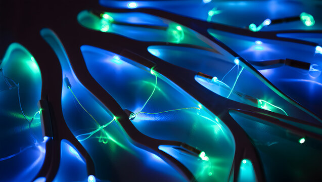 Abstract close-up of glowing blue and green LED lights on a dark, organic-shaped structure image - Powered by Adobe