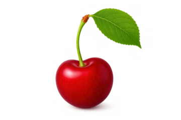 Cherry fruit with green leaf and stem, ripe sweet juicy red berry isolated on transparent background