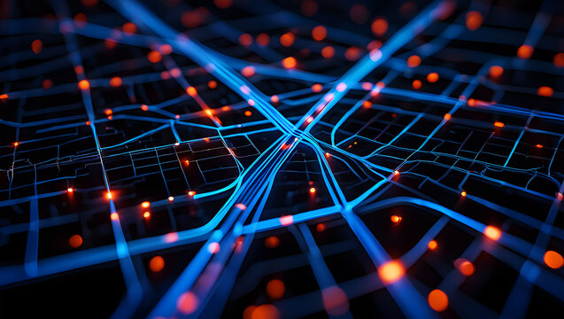 Abstract Digital Network Map with Blue Lines and Orange Glowing Nodes connection image - Powered by Adobe