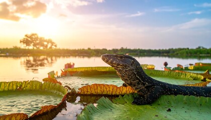 Large lizard on lily pads basking in golden sunlight over serene water