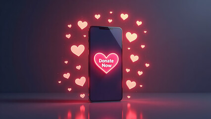 Giving Tuesday. Smartphone displaying "Donate Now" with glowing heart symbols surrounding it in a modern setting