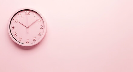 A pastel pink clock on a matching wall, creating a minimalist and calming aesthetic with a focus on time and simplicity