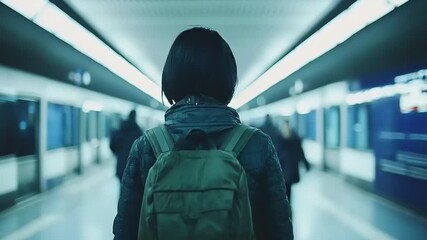 Traveler with backpack walking along illuminated underground transit platform