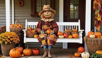 Cheerful Scarecrow Surrounded by Pumpkins and Fall Decorations