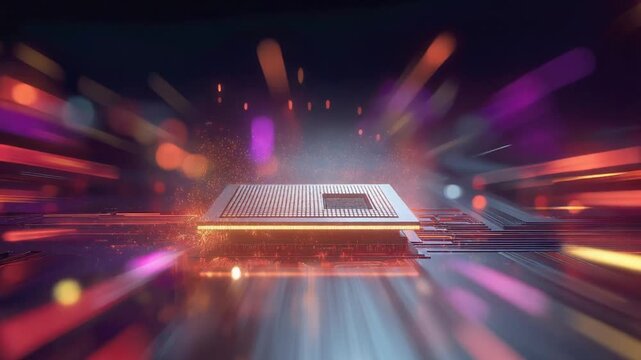 Radiant computer motherboard AI chip glowing with high-speed processing light symbolizing innovation and intelligence
