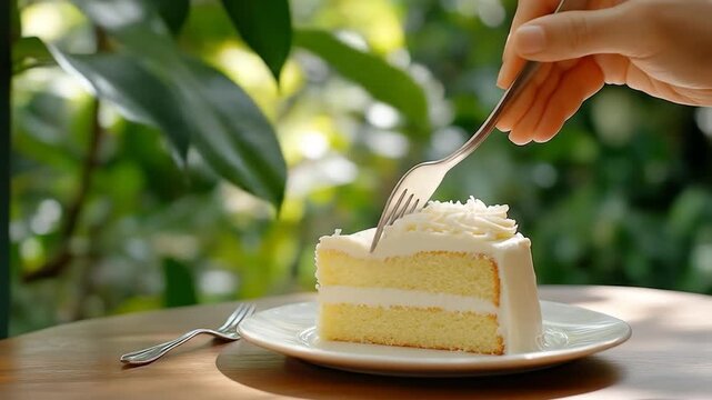 Yellow layer cake slice with white frosting and sprinkles being eaten by fork on white plate with green botanical background