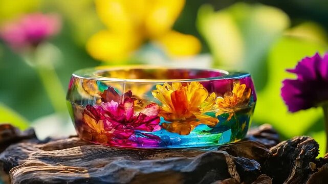 Colorful resin bangle bracelet encapsulating vibrant preserved blossoms resting on natural wood outdoors