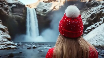 Person wearing red winter hat observing powerful cascading water feature during snowfall - Powered by Adobe