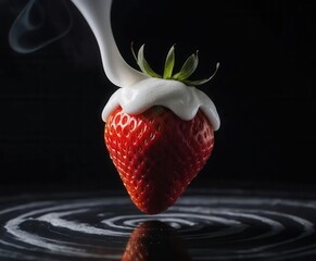 Strawberry with Whipped Cream Splash on Black Background