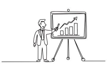 Cartoon of smart businessman presenting business winning strategy on whiteboard. one line Icon drawing with white background