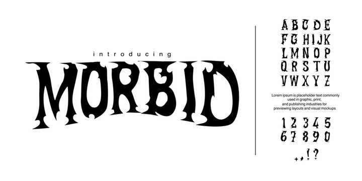 Morbid is a heavy metal decorative display type with sharp, distorted shapes. Perfect for rock posters, dark branding, album covers, and underground designs.