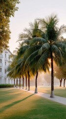 Tropical Landscape Photography of Palm Trees Under a Golden Sunrise Casting Long Shadows on Lush Green Grass Beside a White Building with Lens Flare Effect