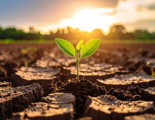 Small green sprout in dry, cracked earth at sunset