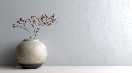 Round vase with red berry branches against textured wall.