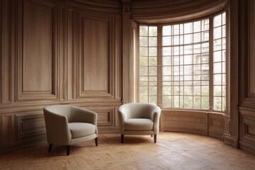 Two armchairs sit in a room with wood paneling and a large bay window.