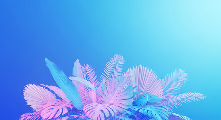 Obraz premium A dreamy arrangement of tropical leaves in pastel neon colors against a gradient blue background, creating a modern and vibrant aesthetic