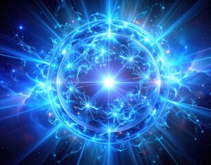 Glowing blue spherical energy bursts in a nebulous cosmic expanse