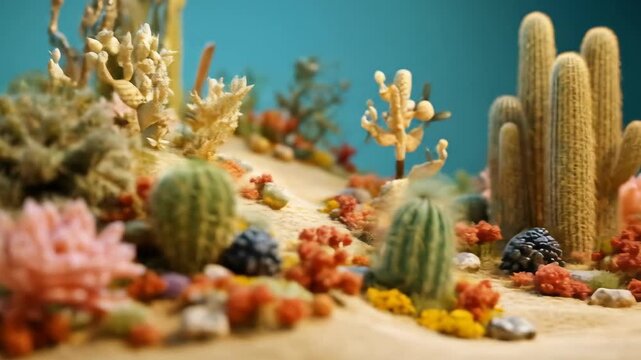 Colorful cactus and flora display with varying textures against blue backdrop