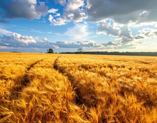 Golden wheat field under a blue sky with fluffy white clouds (2)