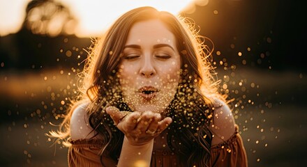 Enchanting brunette woman blowing shimmering gold glitter in dreamy golden light, creating a magical moment of joy and celebration perfect for beauty and lifestyle campaigns