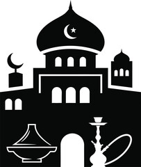 Silhouette of a mosque with crescent moons and hookah
